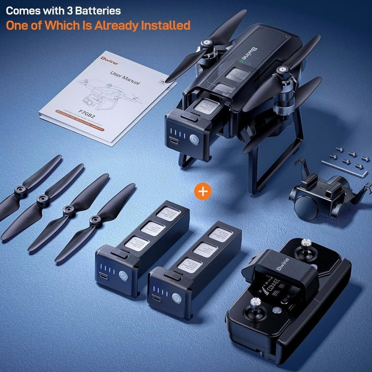 Bwine GPS Camera Drone With 4K Night Vision, 3-Axis Gimbal, 3 Batteries, Black - F7GB2 3B