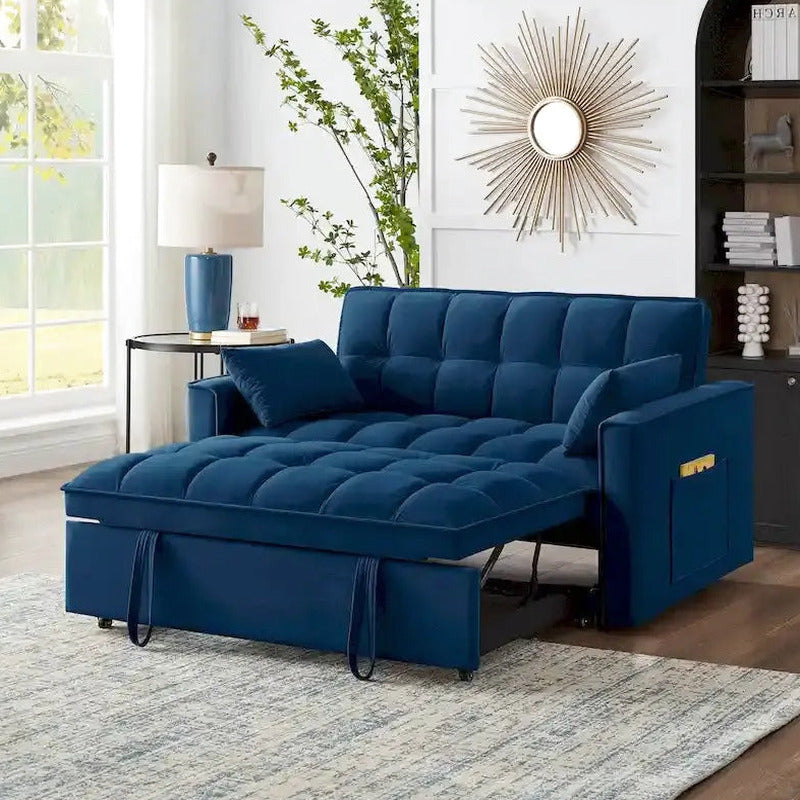 Velvet Pull-Out Sleeper Loveseat - Convertible Reclining Couch With Dual Side Storage Pockets