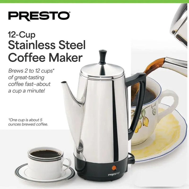 Presto Stainless Steel Percolator Coffee Maker, 2 To 12 Cups, Silver