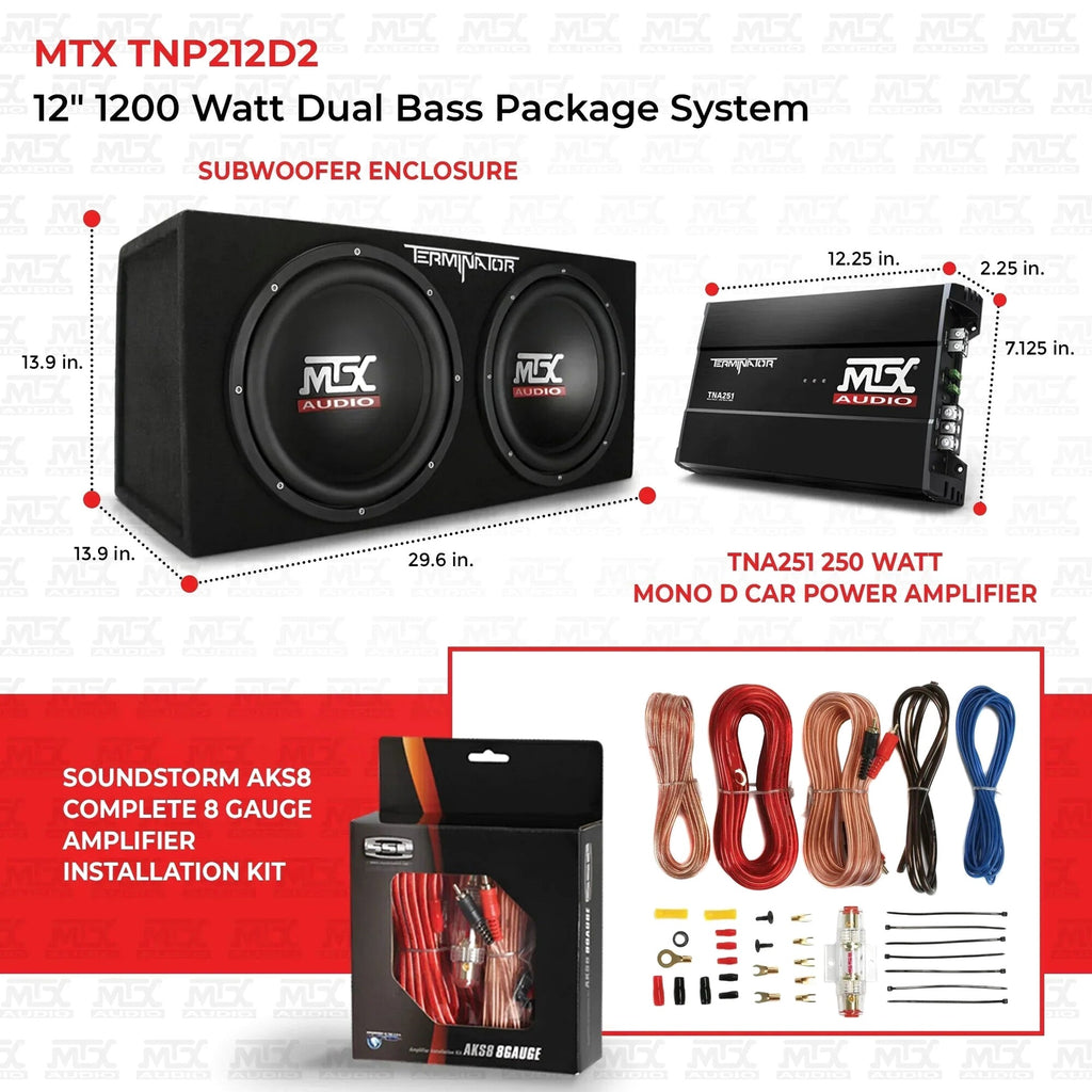 MTX Dual 12in Loaded Car Subwoofer Enclosure With Amplifier And Amp Kit - TNP212D2