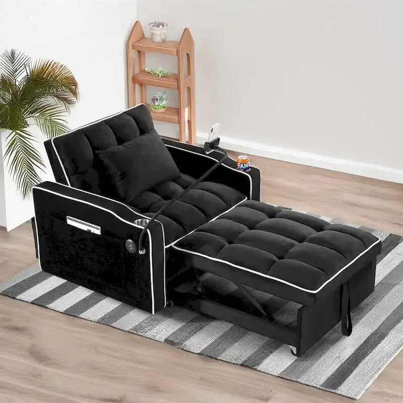 Convertible Sleeper Chair With USB And Type-C Ports - Black Or Grey
