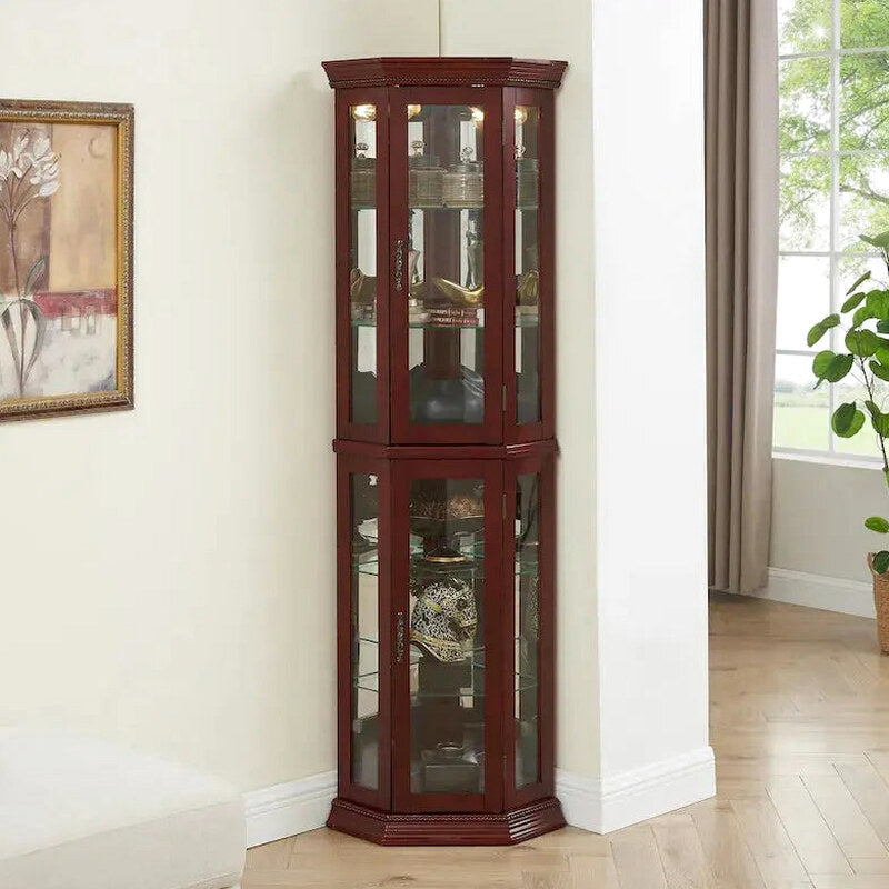 Corner Display Curio Cabinet With Tempered Glass Shelves, Mirrored Back And Built-In Lighting, 69.75H x 21.5W x 16D