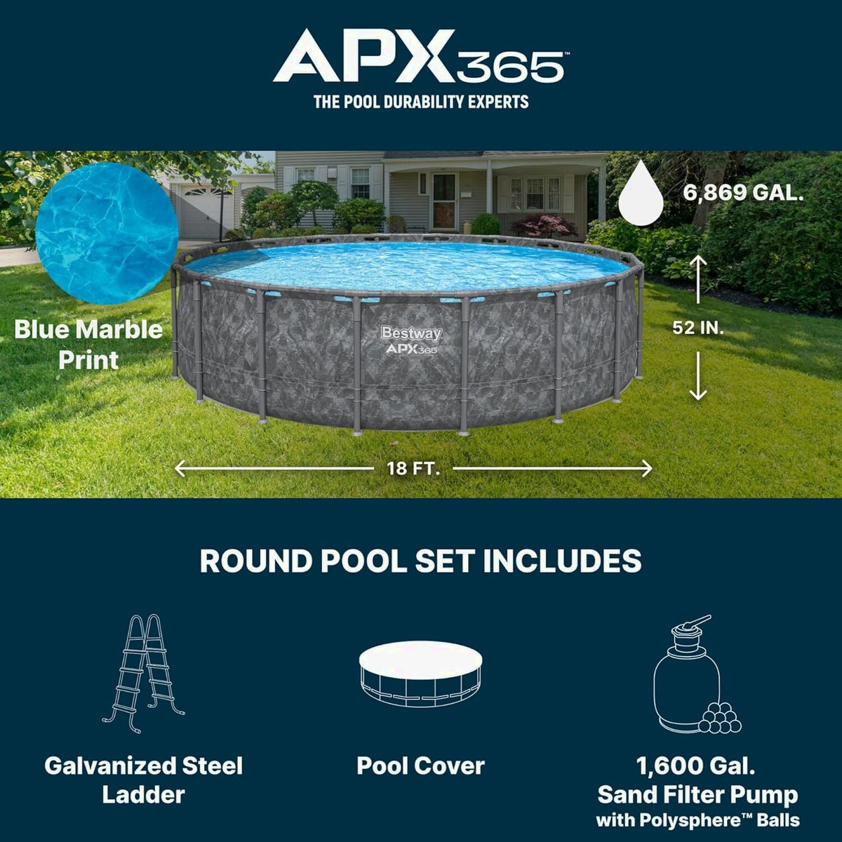 Bestway Above Ground Pool Set, 18 ft x 52 in, Dark Marble - APX 365