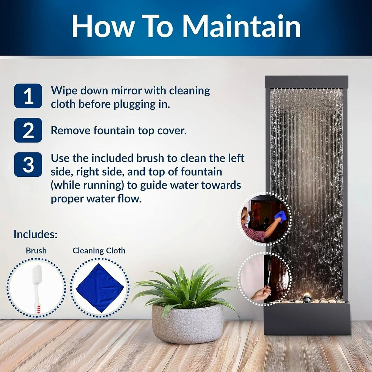 Alpine Corporation Wall-Mounted Mirror Waterfall Fountain With Stones And LED Lights, 24in L x 10in W x 72in H, Silver