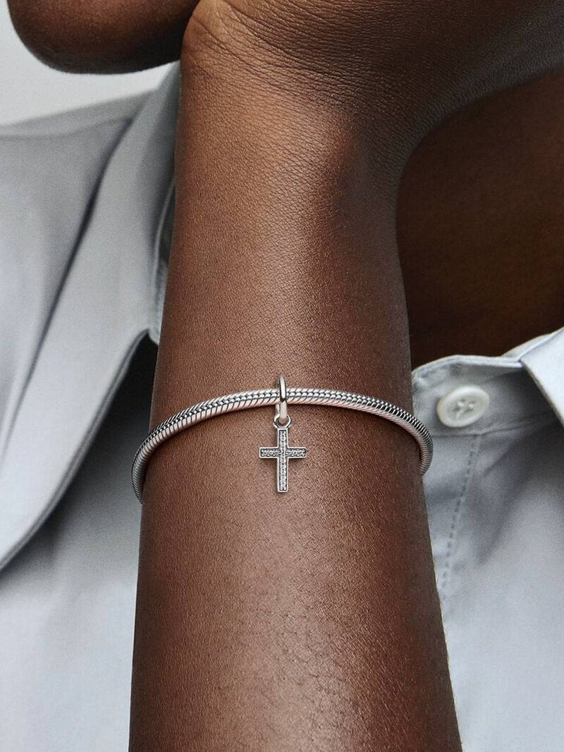 Pavé Cross Dangle Charm - Sterling Silver