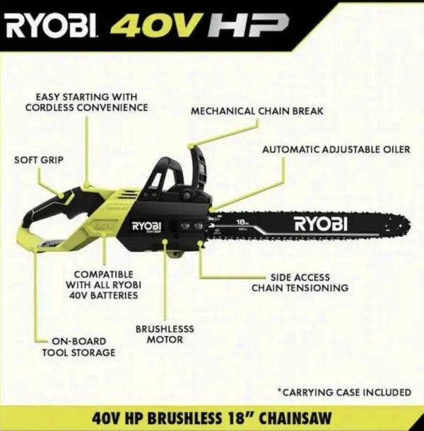Ryobi 18-Inch 40V Cordless Chainsaw Kit With Battery And Charger - RY40530