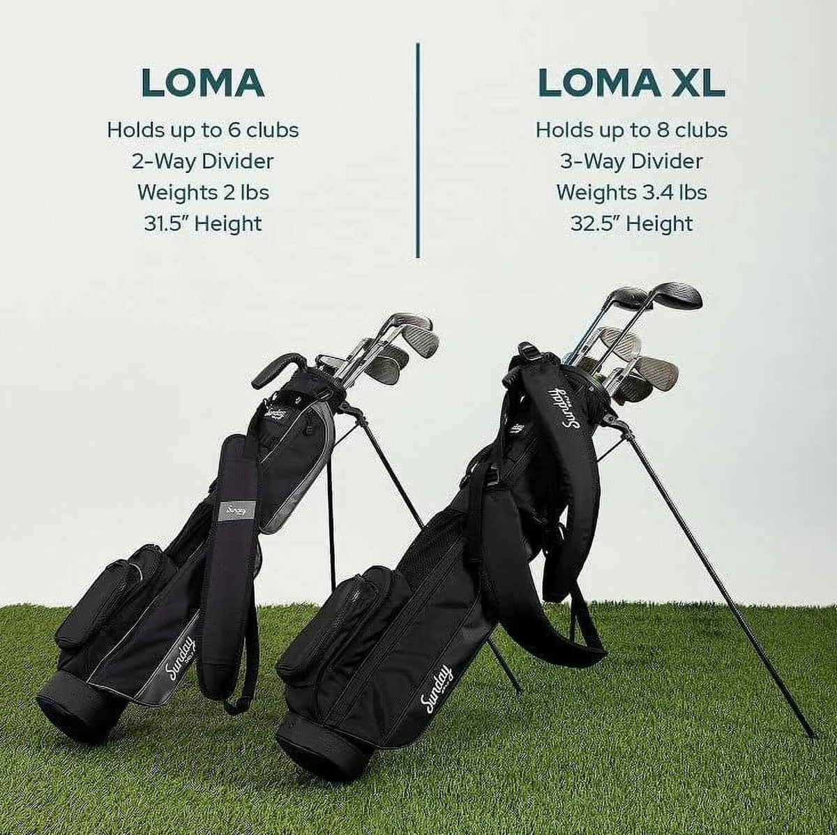 Sunday Golf Lightweight Golf Stand Bag, 3.4 Pounds, Matte Black - Loma XL