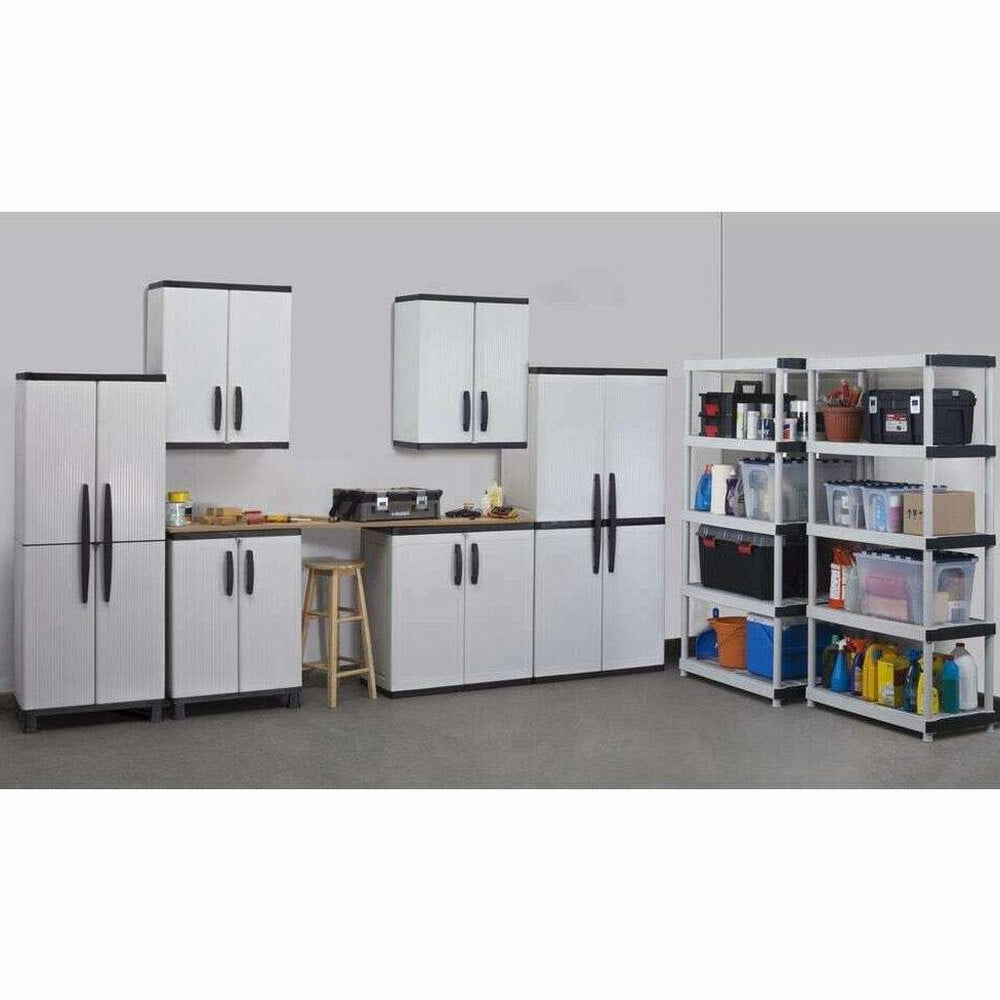 HDX Gray Plastic Freestanding Garage Cabinet With Adjustable Shelves And Lockable Doors, 35in W X 71in H X 18in D