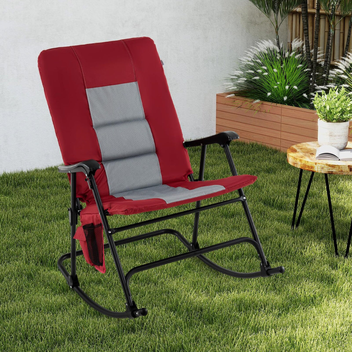 Oversized Folding Rocking Chair With Padded Seat, Metal Frame And Side Pocket
