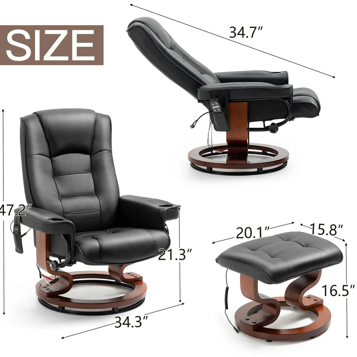 AVAWING Faux Leather Swivel Massage Recliner Chair With Ottoman - Black