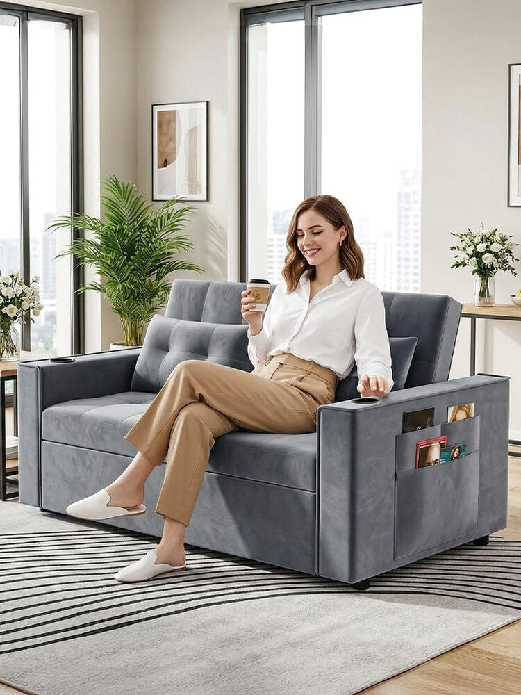 3-in-1 Pull-Out Sofa Bed With Charging Station, Cup Holder And Side Storage - 70in Grey