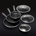 HexClad Hybrid Stainless Steel Cookware Pan Set, 6 Piece, 8 inch, 10 inch, 12 inch, Glass Lids, Black