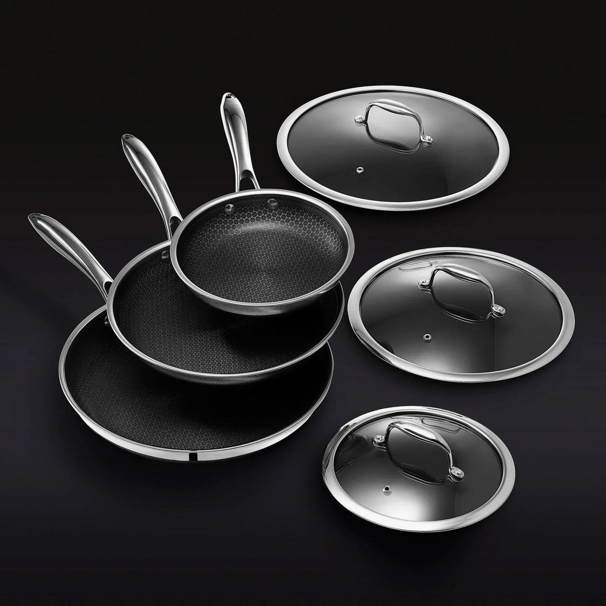HexClad Hybrid Stainless Steel Cookware Pan Set, 6 Piece, 8 inch, 10 inch, 12 inch, Glass Lids, Black