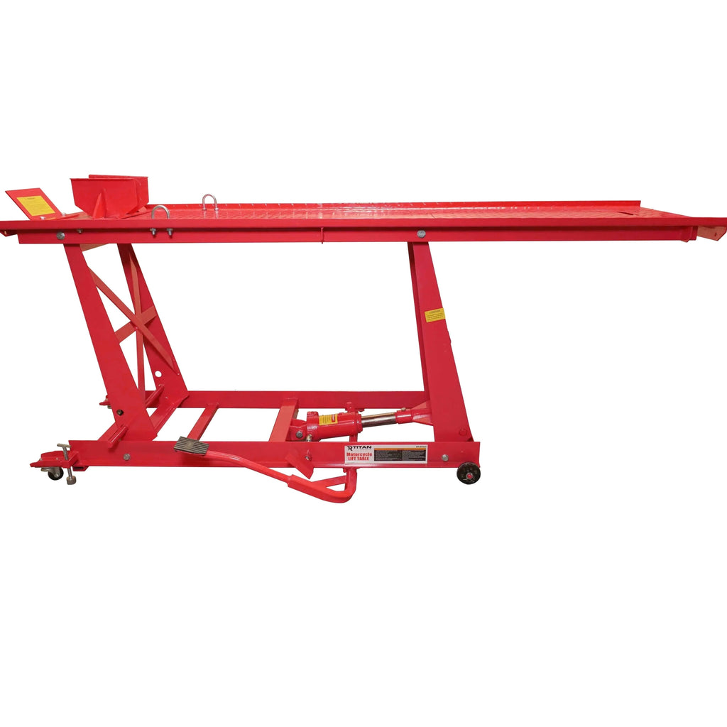 Hydraulic Motorcycle Lift Table 1,000 lb, 86.5 x 26.75 in Platform, 195mm-835mm Height, 26 in Ramp