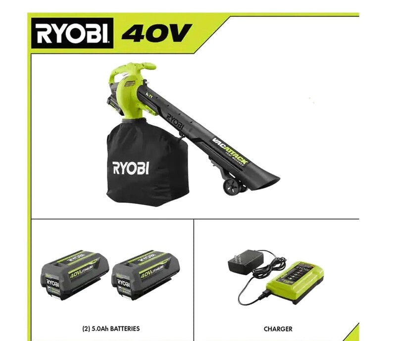 RYOBI Vac Attack 40V Cordless Leaf Vacuum & Mulcher With 2x 5.0Ah Batteries & Charger - RY40451-2B