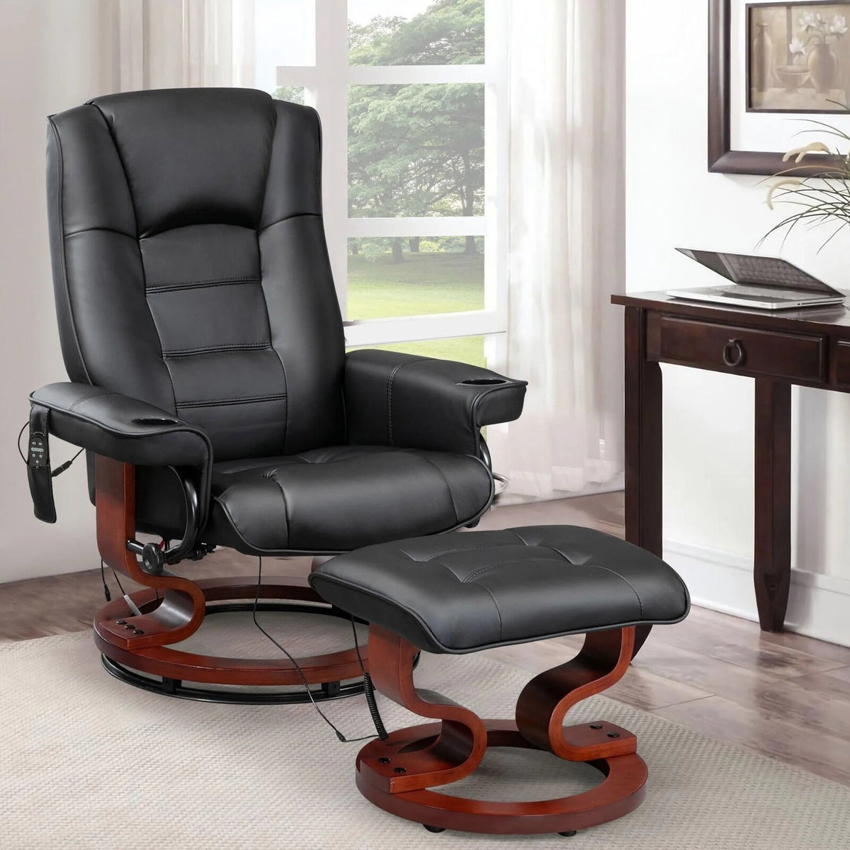 AVAWING Faux Leather Swivel Massage Recliner Chair With Ottoman - Black