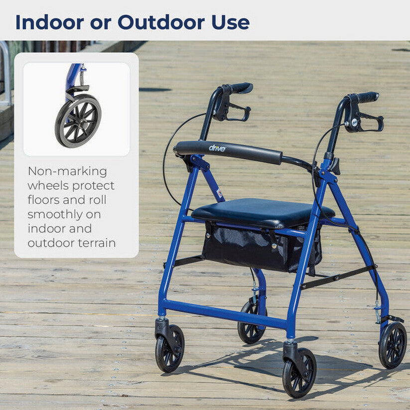 Drive Medical 4-Wheel Rollator Walker With Padded Seat, Backrest And 6-Inch Wheels - Blue