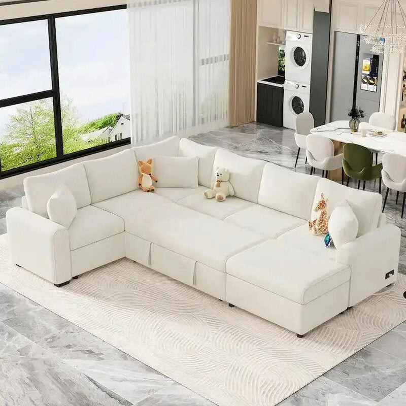 Modular Sectional Sofa Bed With Pull-Out Sleeper, Storage Ottoman, 112.2D x 86.2W x 35.8H