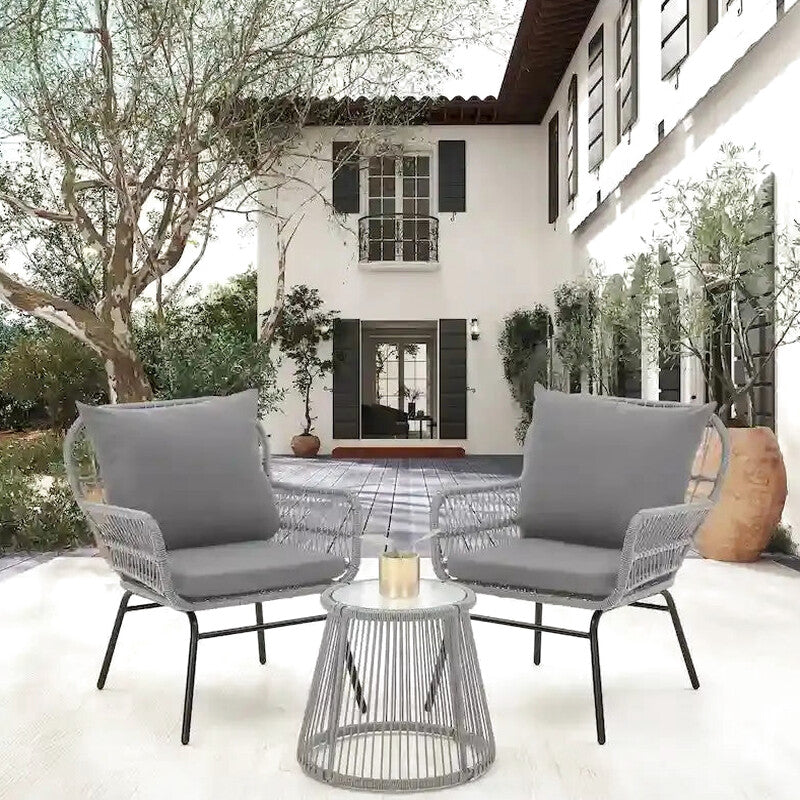 3-Piece Rattan Patio Conversation Set With Glass-Top Bistro Table, Two Wide-Arm Chairs And Seat Cushions