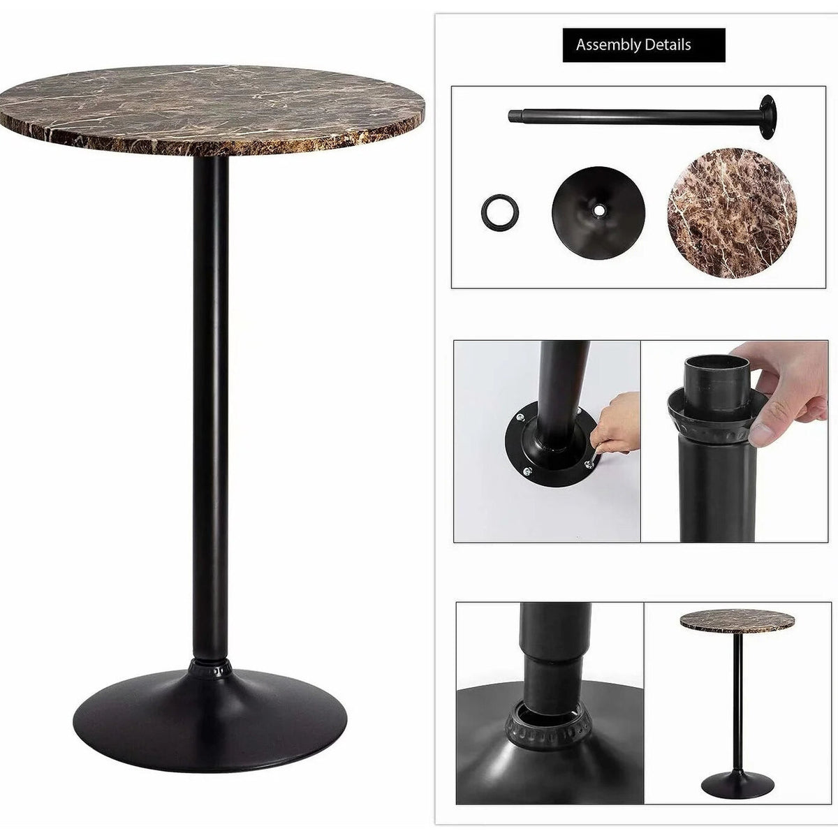 Round Bar-Height Bistro Pub Table With Metal Base And MDF Top, 23.8 x 23.8 x 39.5 Inch