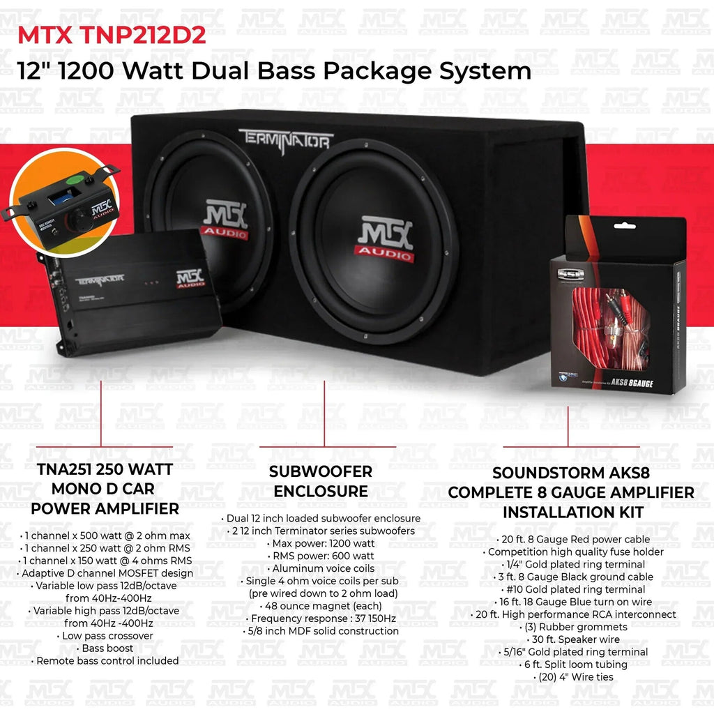 MTX Dual 12in Loaded Car Subwoofer Enclosure With Amplifier And Amp Kit - TNP212D2