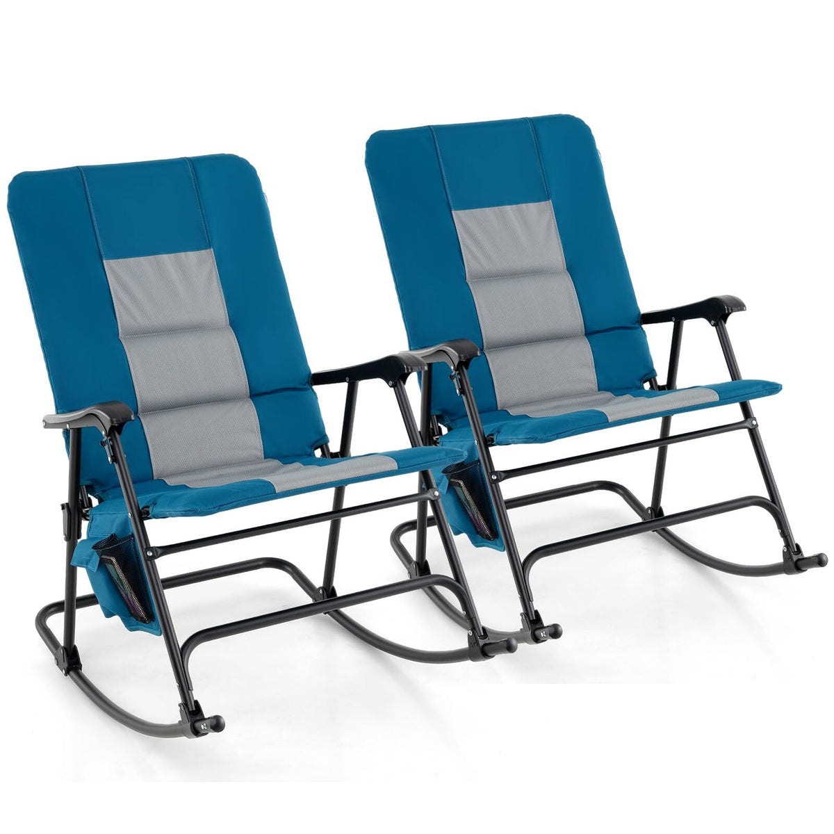 Oversized Folding Rocking Chair With Padded Seat, Metal Frame And Side Pocket