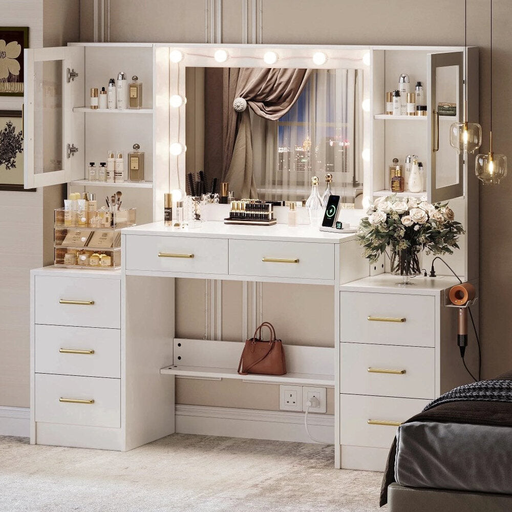 UGTOO LED Makeup Vanity Desk With Mirror, 58.27in, 10 Adjustable LED Bulbs, 8 Drawers, 2 Cabinets, White