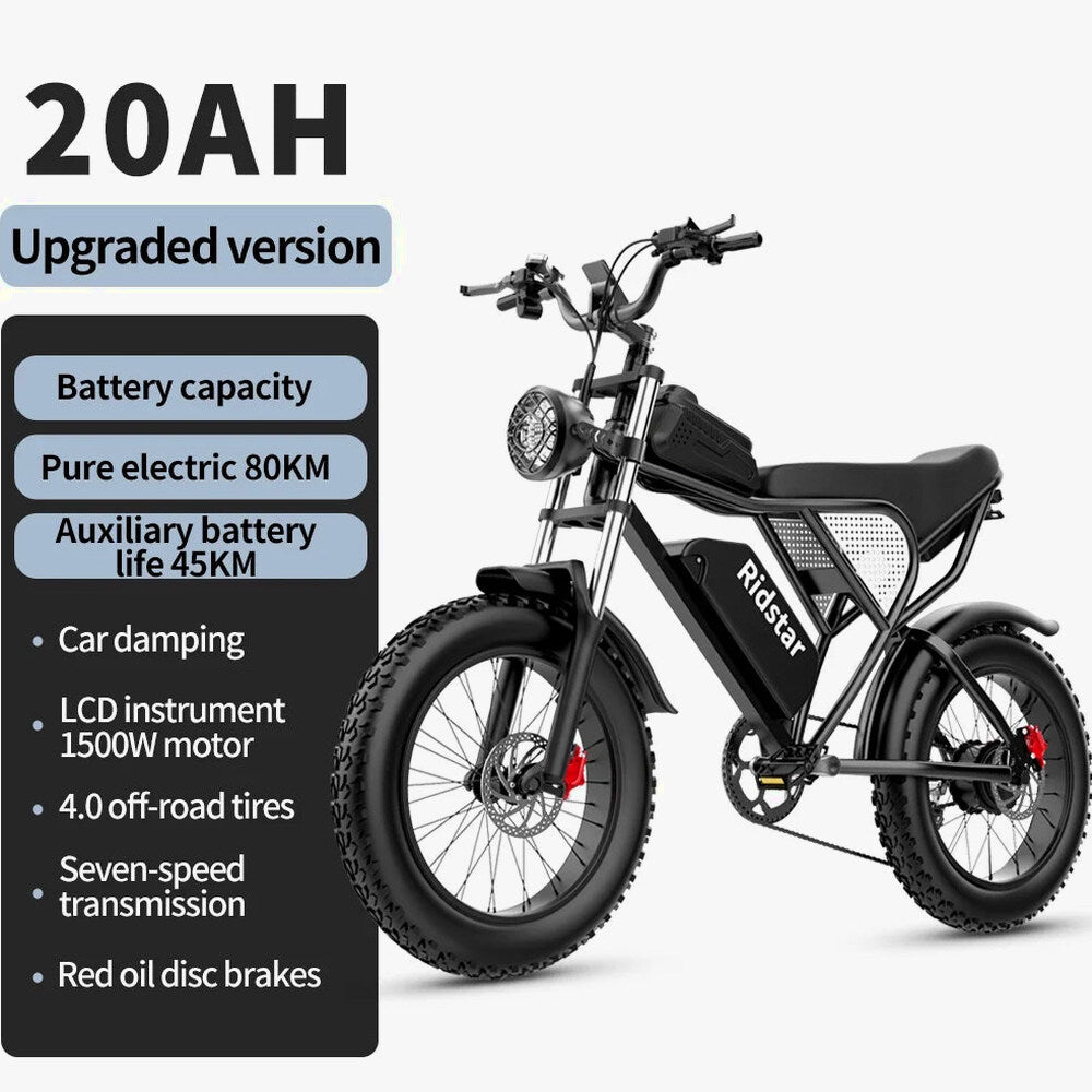 1500W Electric Mountain Bike 48V 20Ah, 20 inch Fat Tires, Shimano 7-Speed, Full Suspension - q20-1500w