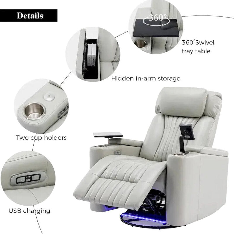 Power Recliner Chair With USB Charging Ports, Cup Holders And Swivel Tray Table - 270-Degree Swivel