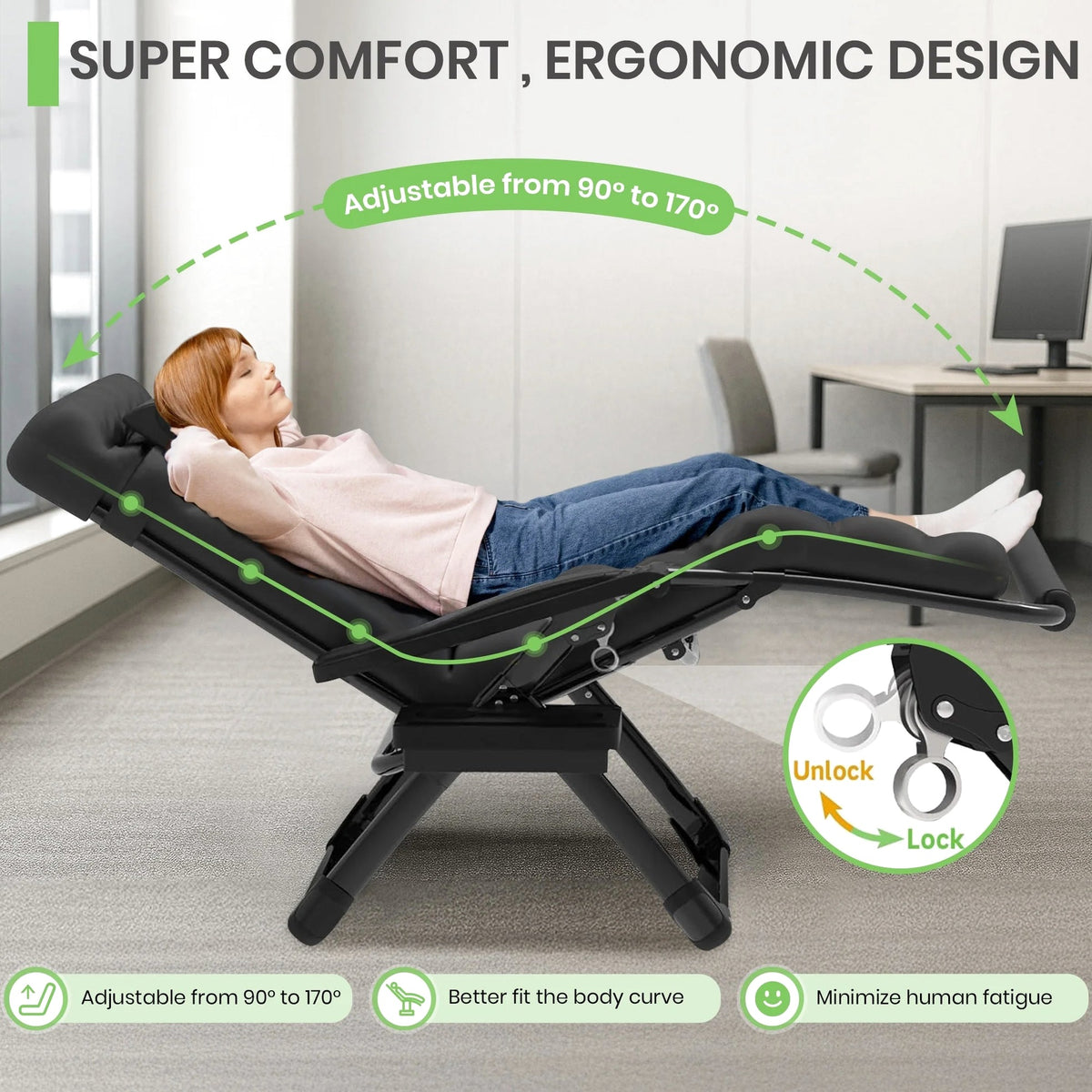 GVDV Zero Gravity Lounge Chair With Cushion And Cup Holder, 31 in D x 33 in W x 45 in H, Black
