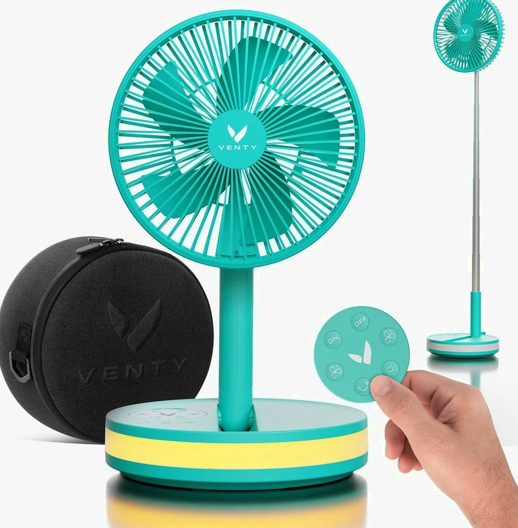 VENTY Portable Wireless Battery Operated Fan With LED Lighting, Carry Case And Remote Control