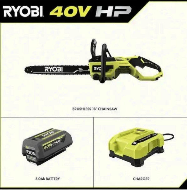 RYOBI 40V 18-Inch Cordless Chainsaw Kit With Battery And Charger - Green
