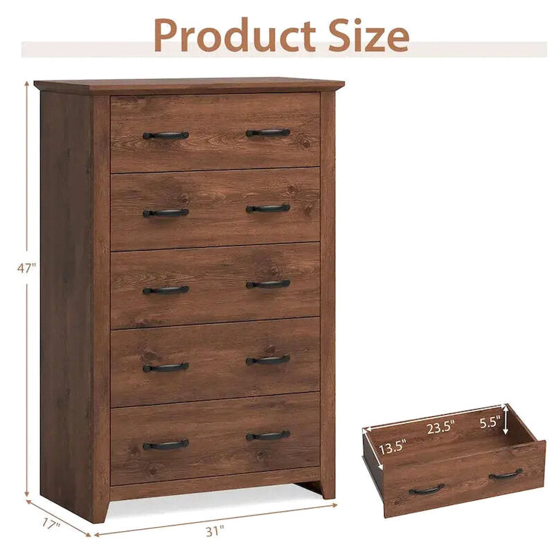 5-Drawer Storage Cabinet, 31 x 17 x 47 in, MDF - Dark Grey, Walnut, Or White