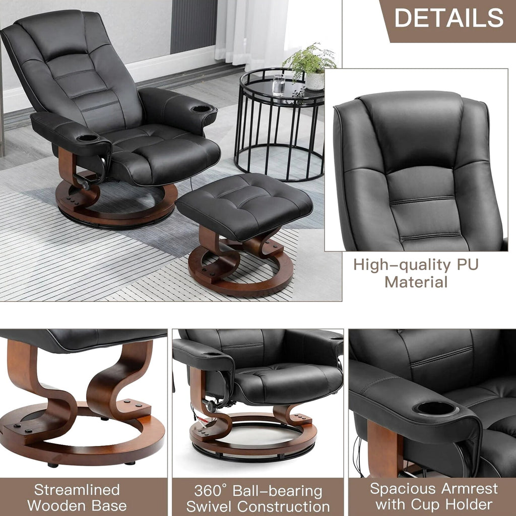 AVAWING Faux Leather Swivel Massage Recliner Chair With Ottoman - Black
