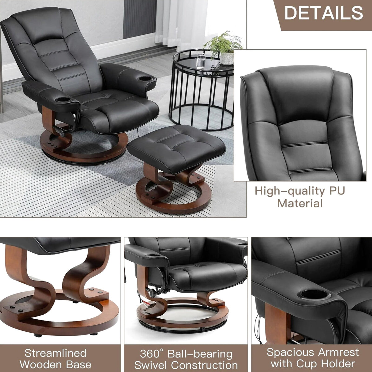 AVAWING Faux Leather Swivel Massage Recliner Chair With Ottoman - Black