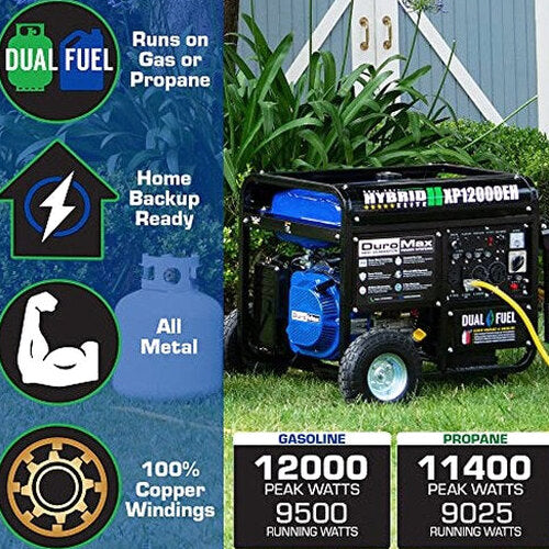 DuroMax Dual Fuel Generator 12,000W Gas/Propane, 457cc 4-Stroke Engine - XP12000EH