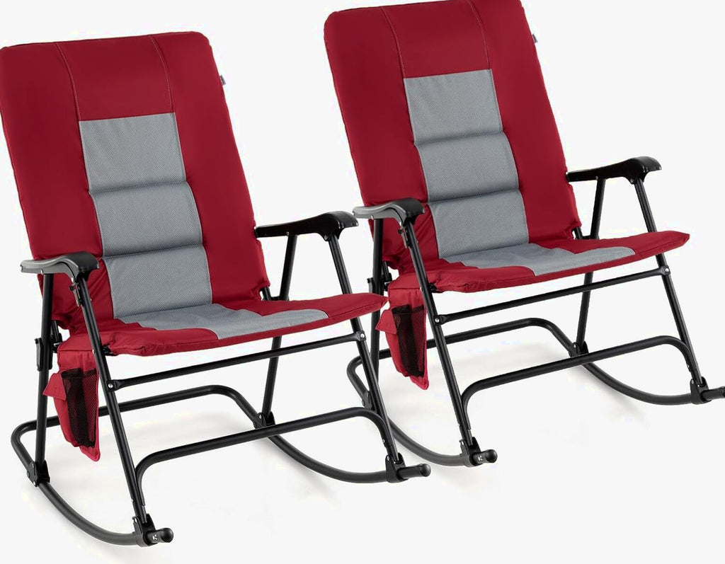 Oversized Folding Rocking Chair With Padded Seat, Metal Frame And Side Pocket
