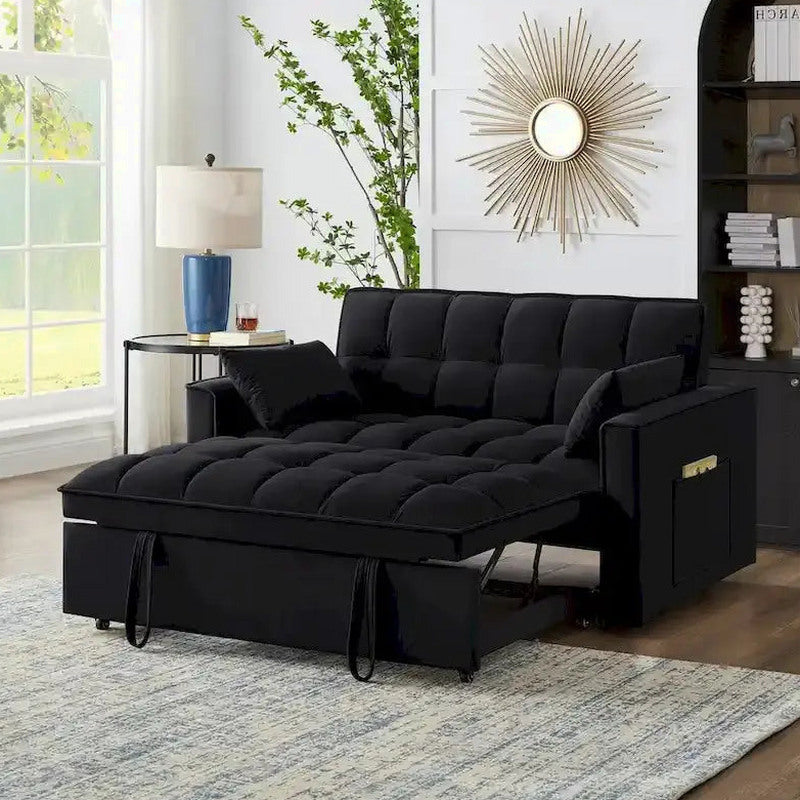 Velvet Pull-Out Sleeper Loveseat - Convertible Reclining Couch With Dual Side Storage Pockets