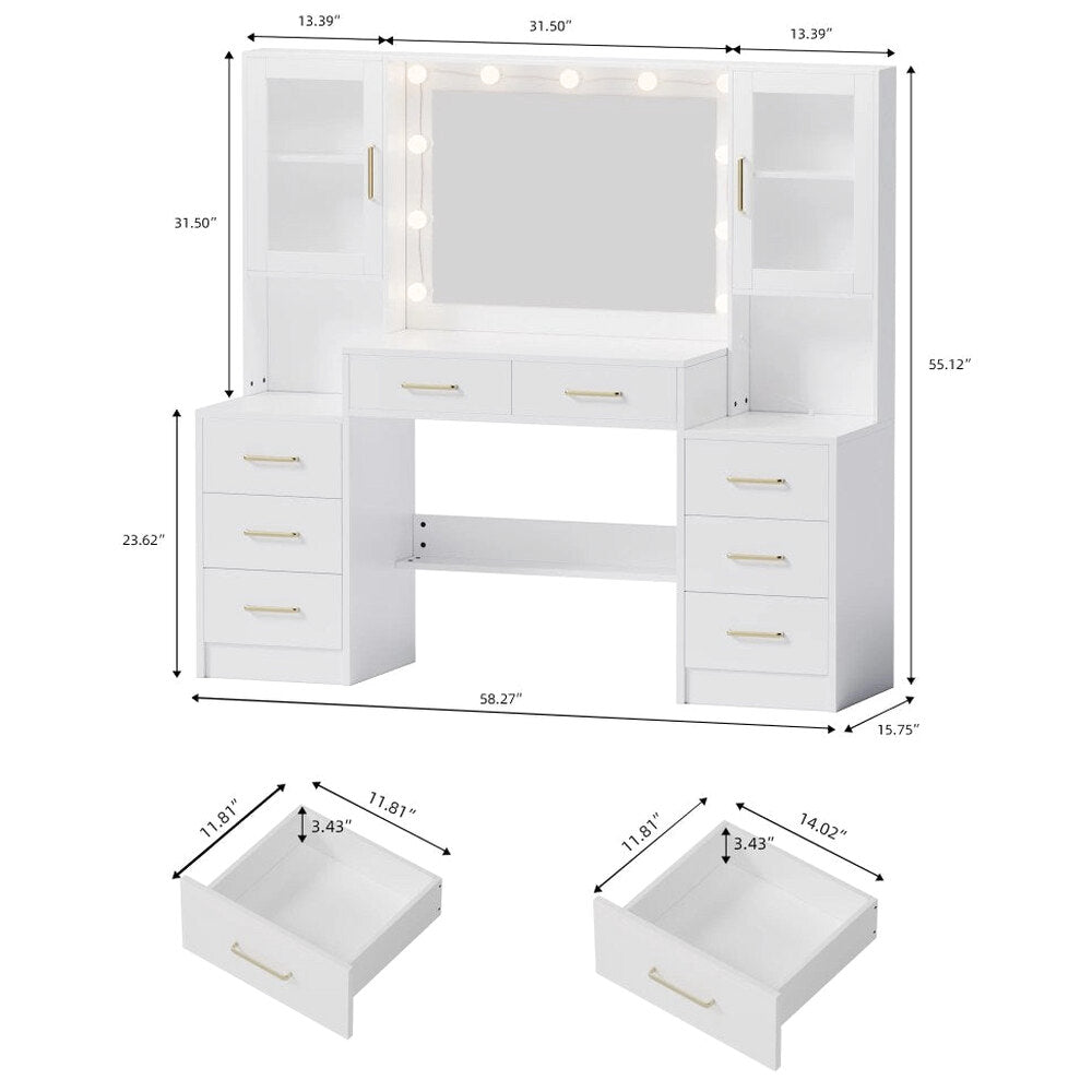 UGTOO LED Makeup Vanity Desk With Mirror, 58.27in, 10 Adjustable LED Bulbs, 8 Drawers, 2 Cabinets, White
