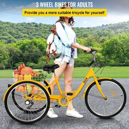 Adult 26-Inch 7-Speed Cruiser Tricycle With Front Basket And Comfort Saddle - Yellow
