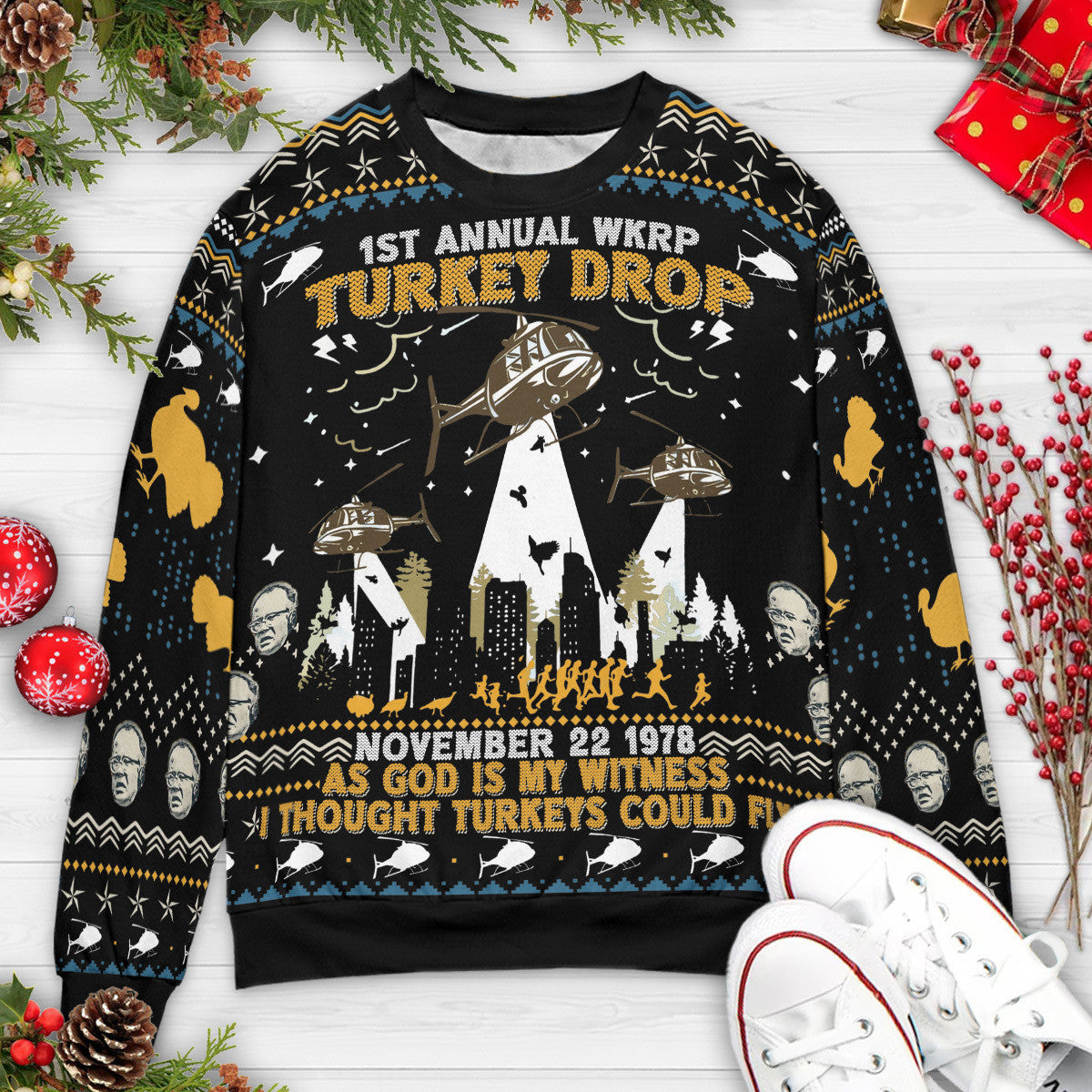 First Annual WKRP Turkey Drop WKRP in Cincinnati Ugly Christmas Sweatshirt