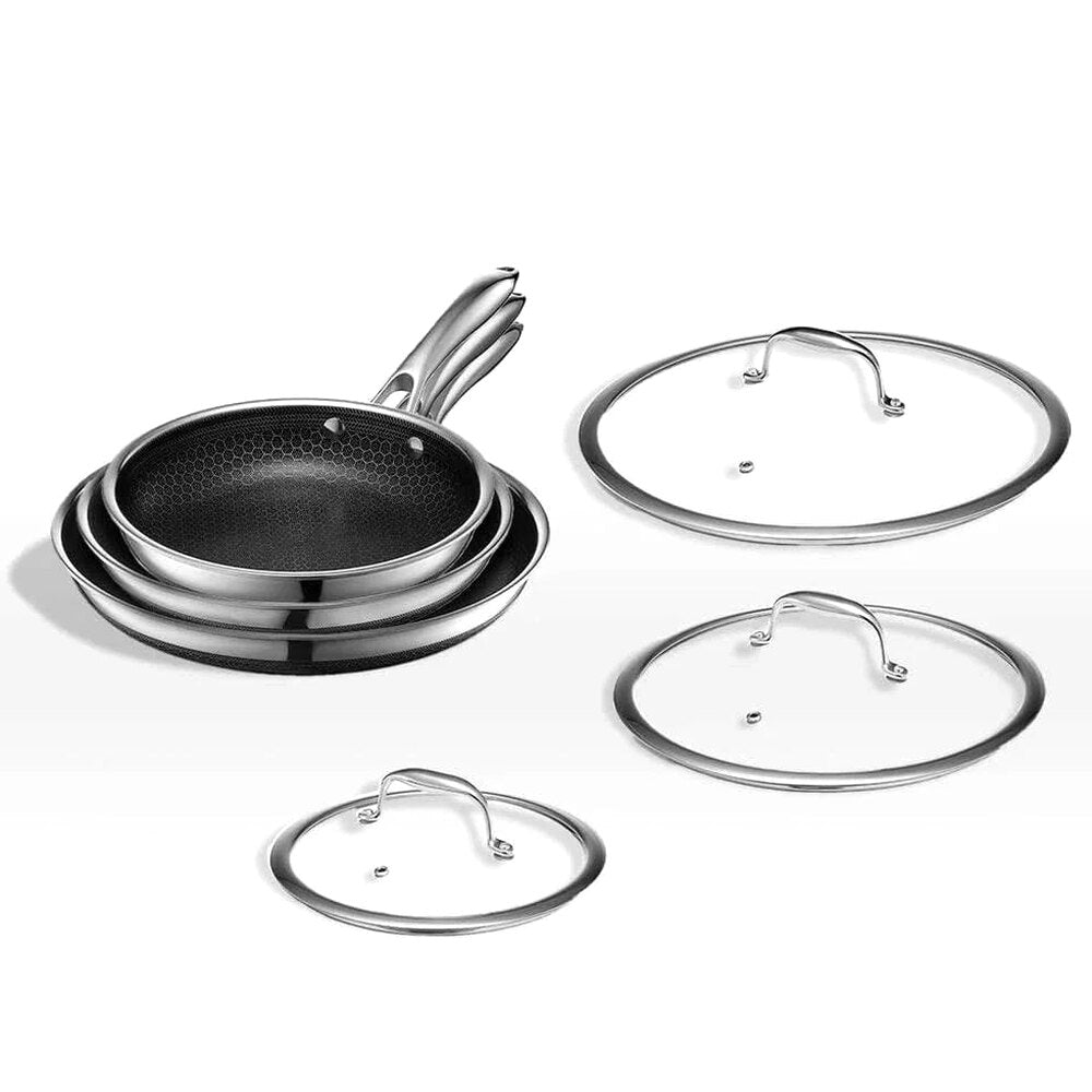 HexClad Hybrid Stainless Steel Cookware Pan Set, 6 Piece, 8 inch, 10 inch, 12 inch, Glass Lids, Black