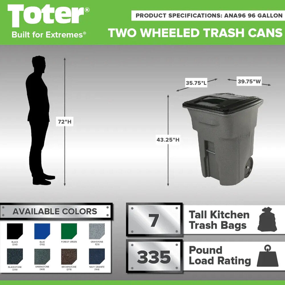 Toter 96 Gallon Trash Can With Smooth Wheels And Lid