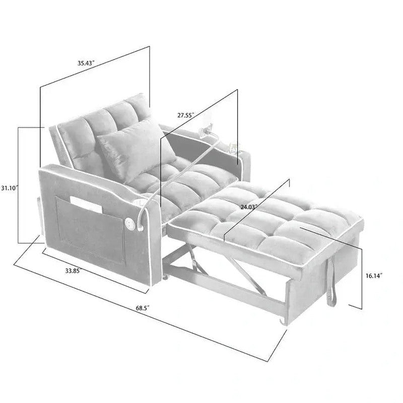 Convertible Sleeper Chair With USB And Type-C Ports - Black Or Grey