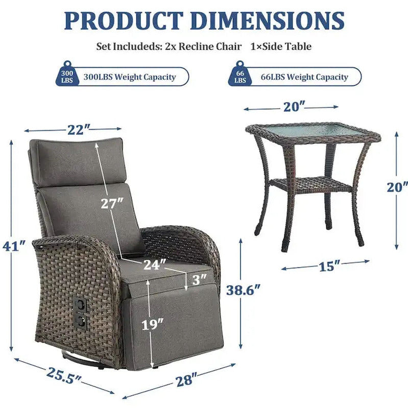 Pocassy 3-Piece Outdoor Recliner Set With Side Tables And Grey Cushions