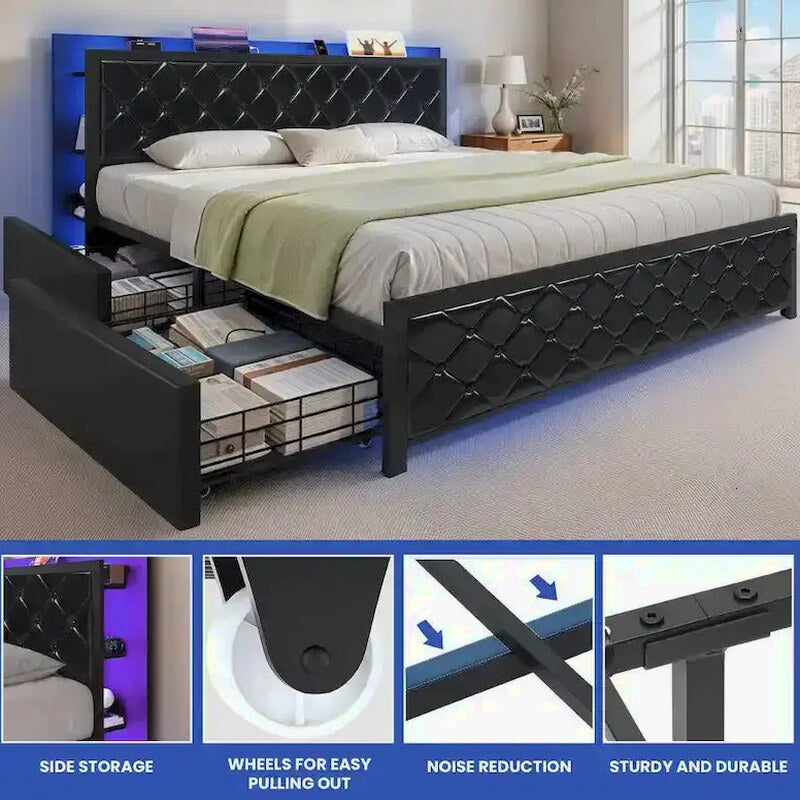 Moasis Queen Upholstered Faux Leather Platform Bed Frame With Headboard, 4 Storage Drawers, RGB LED Lights, USB-C Charging Ports - Black