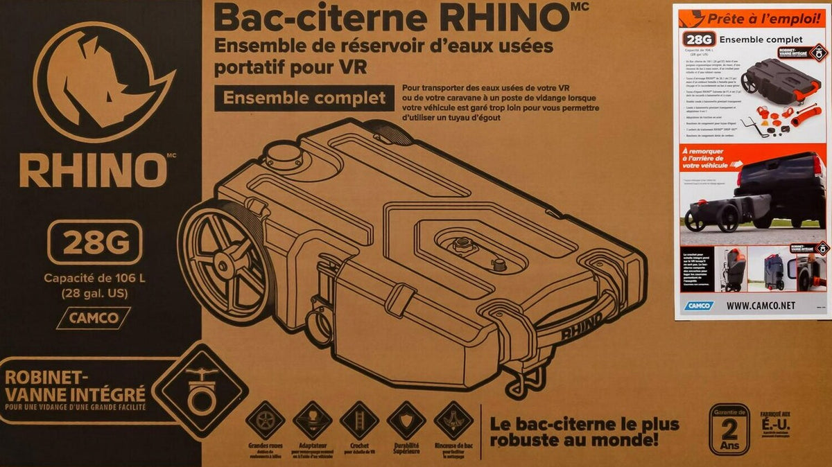 Camco Rhino Heavy Duty 28 Gallon Portable RV Waste Holding Tank With Hose And Accessories, Gray - 39004
