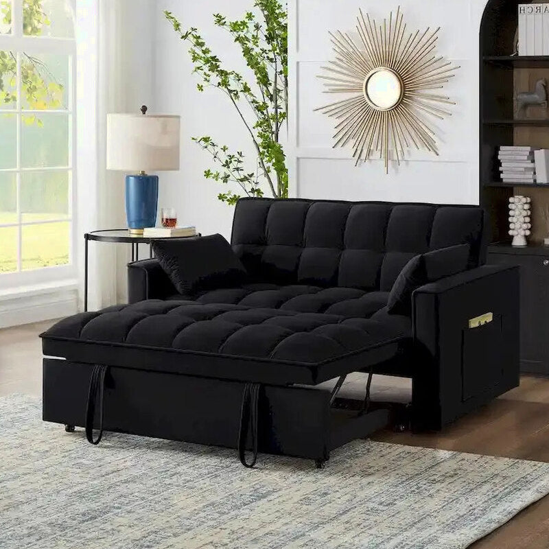 Velvet Pull-Out Sleeper Loveseat - Convertible Reclining Couch With Dual Side Storage Pockets