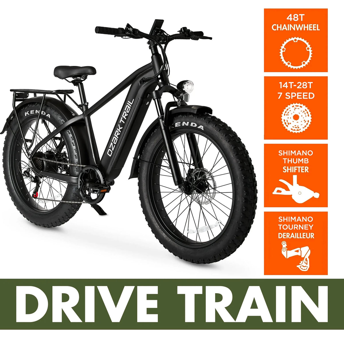 Ozark Trail Electric Fat Tire Bike, 26in, 48V, Class 2, Black, Fits Riders 5ft 2in - 6ft 1in - M.3 Ranger+