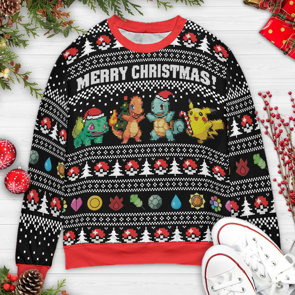 Kanto Starters Pokemon Christmas Ugly Christmas Sweatshirt